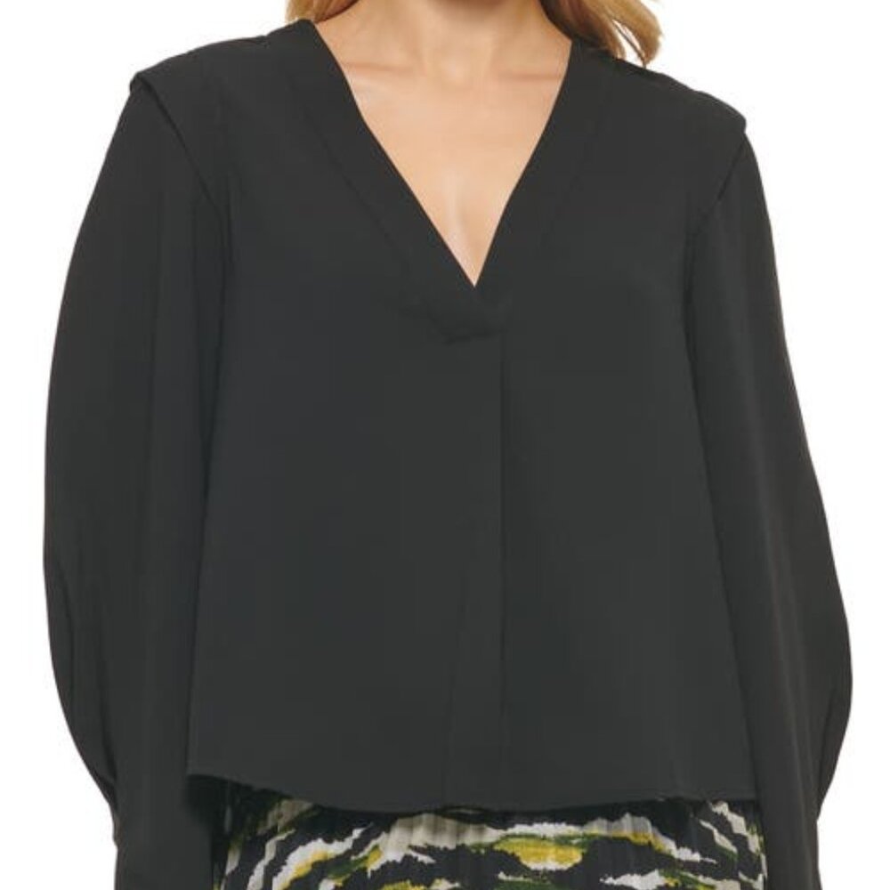Dkny Women's Long Sleeve Cropped V-Neck Blouse, Black, X-Large